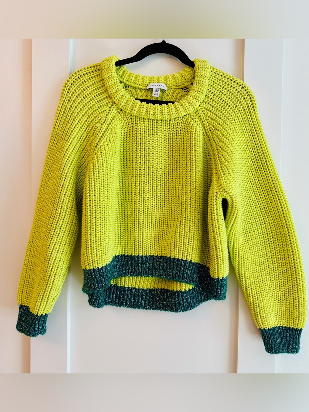 Topshop Neon Lime Crewneck Sweater with Teal Trim